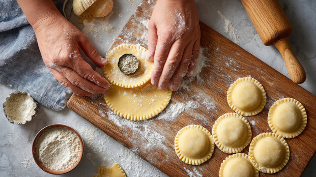 Traditional hamantaschen preparation on floured surface for purim celebration - Powered by Adobe