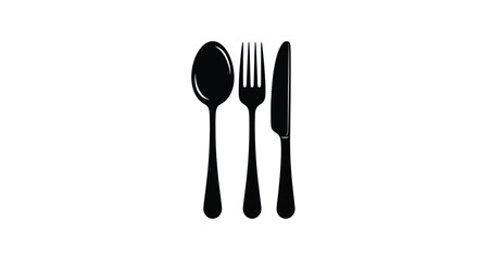 A simple black and white illustration of a spoon fork and knife