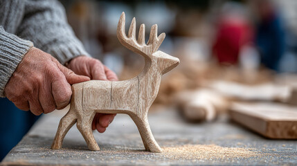 Artisan polishing wooden toy deer at christmas market booth