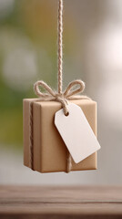 Elegant gift tag on string with brown wrapped present for special occasions and celebrations