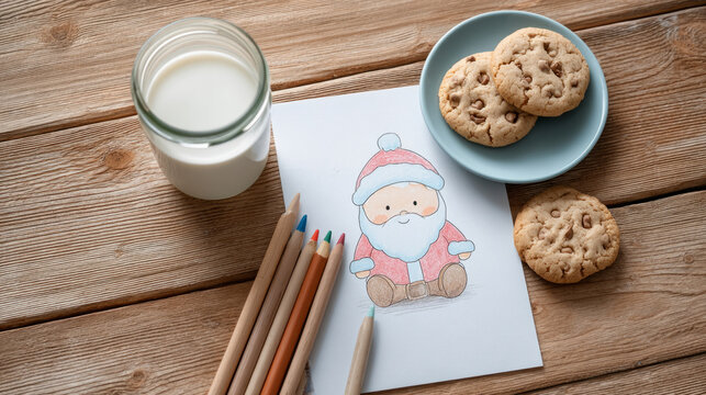 Children's drawing of saint nicholas with milk and cookies on wooden table