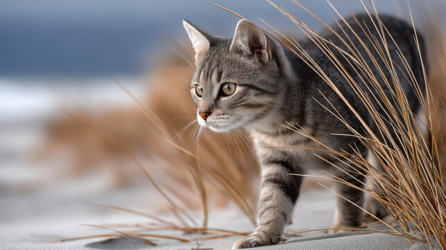 Side view of tabby cat walking on sandy beach with dry grass, focused expression, natural outdoor light