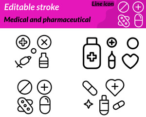 A modern medical and pharmaceutical icon character featuring a cross symbol.A pill capsule and a medicine bottle arranged together to represent healthcare treatment and medication.Clean professional. 