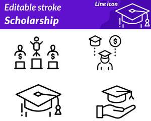 A meaningful scholarship icon. Character featuring a graduation cap resting above an open book. Accompanied by a ribbon badge or certificate symbol to represent achievement and academic support.