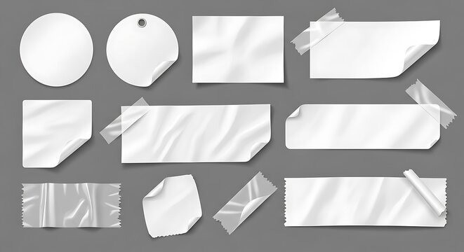 Collection of crumpled and torn white paper pieces attached with transparent tape