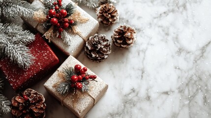 Fototapeta premium Christmas presents and decorations placed on marble surface for holiday season and new year celebration. greeting card preparation