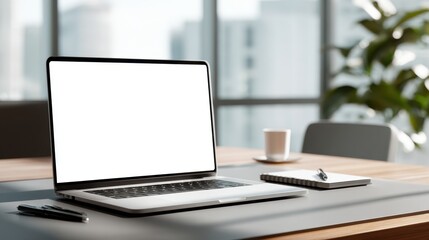 Fototapeta premium A laptop is open on a desk with a notebook and a cup of coffee. The laptop screen is blank, and the desk is well-organized with a potted plant in the background. Concept of productivity and focus