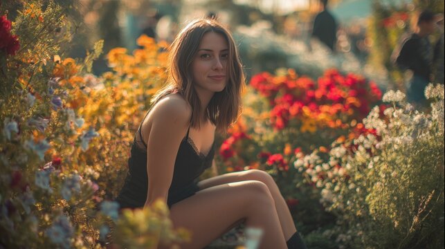 A young woman sits gracefully among blooming flower bushes, capturing attention with her serene expression and inviting gaze. The vibrant flowers create a colorful backdrop that en