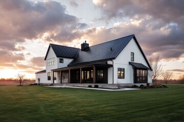 Modern farmhouse stands gracefully against a colorful sunset with clouds in the sky, showcasing its large windows and inviting porch in a tranquil rural setting