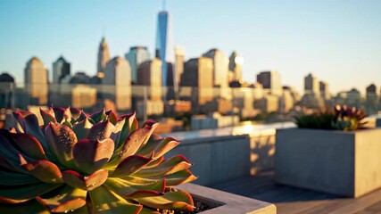 Succulent plant on urban rooftop, city skyline in warm sunset, peaceful escape amid bustling metropolis, Earth Day vibes, sustainable design