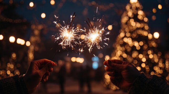 Hands holding burning sparklers with a Christmas tree and glowing star in the background, a couple celebrating New Year with fireworks and Bengal lights in an atmospheric moment