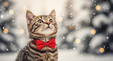 This festive close-up captures a curious cat in a red bow tie gazing at the magical snowfall.