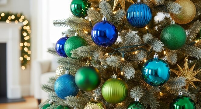 A close-up of a Christmas tree decorated with vibrant blue and green baubles against a blurred living room background. - Powered by Adobe