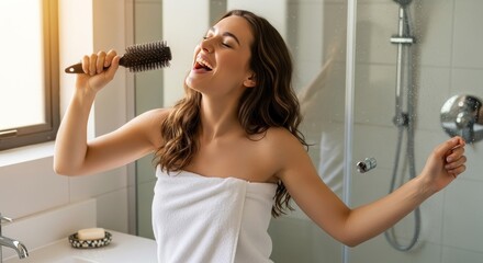 A young woman wrapped in a white towel sings passionately into a hairbrush while standing in a modern bathroom.