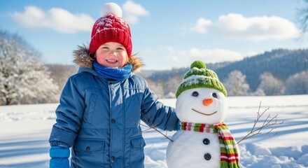 A happy child in a blue jacket and red hat stands next to a smiling snowman on a sunny winter day.
