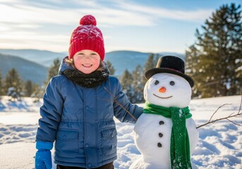A cute toddler with rosy cheeks enjoys outdoor winter play beside a classic snowman with a carrot nose.