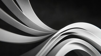 The image captures flowing white strips that create a sense of elegant movement and dynamic texture. These white strips twist gracefully against a contrasting black background.
