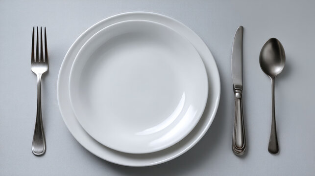 White plate clean table silver fork knife spoon minimalist dining modern empty elegant meal setting