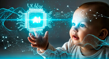 Curious Toddler Reaching Toward Floating Microchip Icon with   "Ai" Letters,  Background  with Digital Overlay Elements