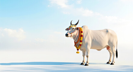 Indian Cow Decorated for Pongal Holiday on Clean Sky Background with Soft Shadows