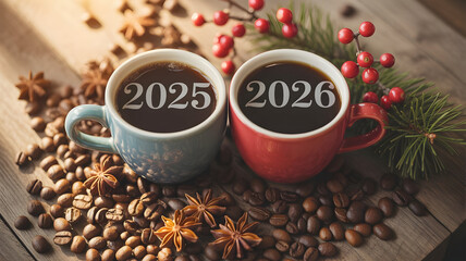 Two coffee cups with 2025 and 2026 numbers surrounded by coffee beans image.