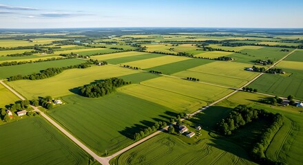 Expansive aerial view of lush green agricultural fields and rural landscape under a clear blue sky