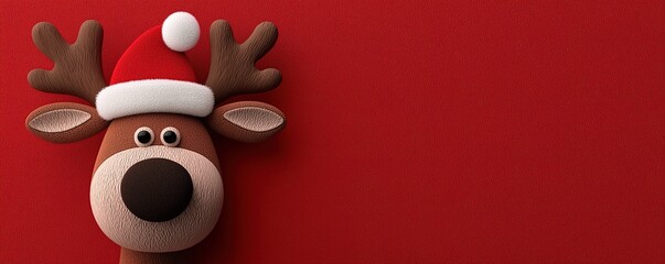Cute Cartoon Reindeer with Santa Hat on Red Background