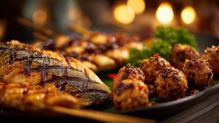 Grilled fish and savory satay meatballs are arranged beautifully on a plate, inviting onlookers to enjoy this culinary delight. The fish and meatballs are enhanced by vibrant garni