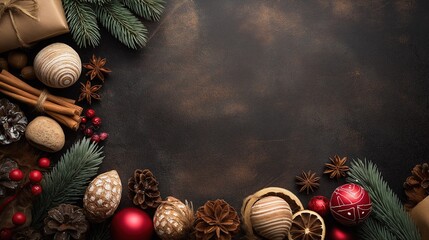 Rustic Christmas Holiday Background with Natural Decorations