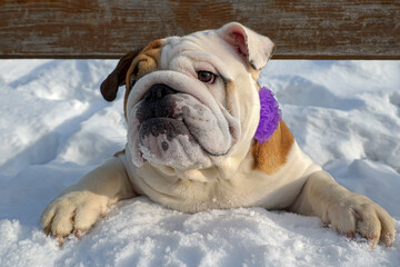 Portrait of a funny English bulldog in the winter season.