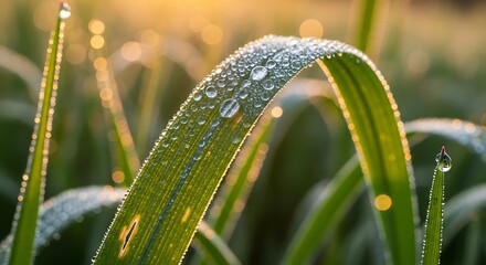 Close up of dew drops on green grass blades at sunrise with warm golden light