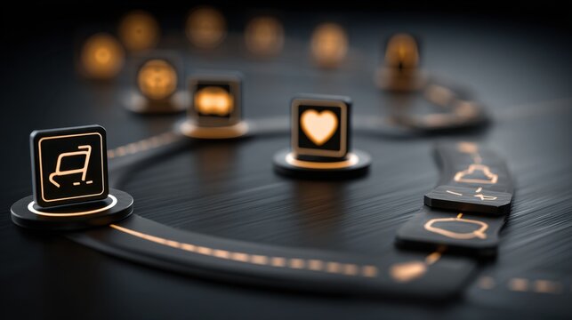 Customer experience journey map showing product discovery, purchase, engagement, and seamless integration with digital icons for a smooth process