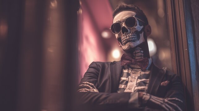 A man dressed in a stylish skeleton costume stands confidently, accentuated by a unique bow tie, reflecting the spirit of Halloween. The costume features a mix of elegance and spoo