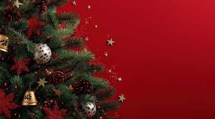 Festive Christmas Tree Branches with Red Ornaments on Red Background