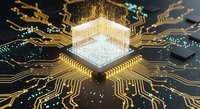 Abstract glowing cube at the center of a complex digital circuit board
