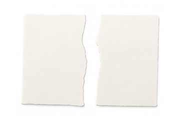 Torn paper pieces separating, empty blank scrap note split texture, white ripped paper with transparent background