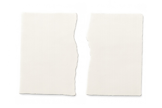 Torn paper pieces separating, empty blank scrap note split texture, white ripped paper with transparent background