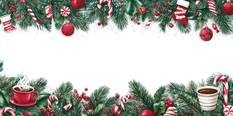 Festive Christmas Garland Border With Cocoa And Candy Canes