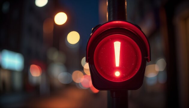 Red warning traffic light glowing at night, caution on the road, warning