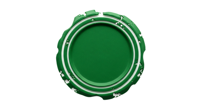 Green bottle cap, with white rim and distressed edges, cutout, PNG isolated on a white or transparent background, AI