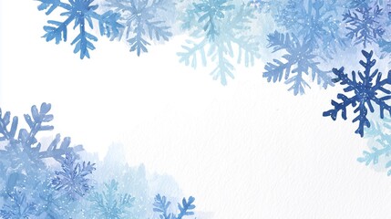 Blue Watercolor Snowflake Border on White Background