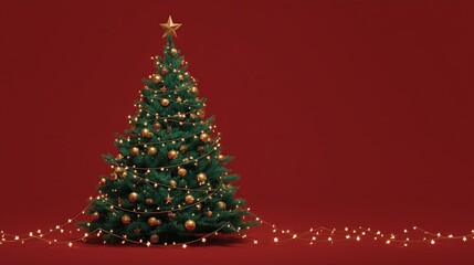 Elegant Christmas Tree With Gold Ornaments on Red Background