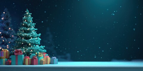 Festive Christmas Tree with Gifts in Snowy Night Scene