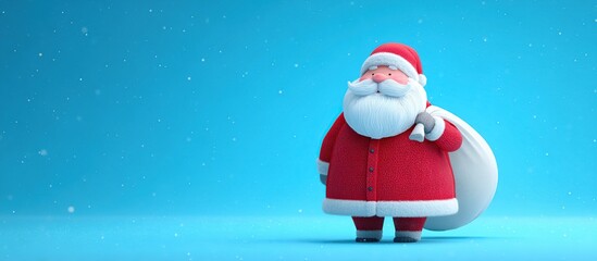 Cheerful Cartoon Santa Claus with Gift Bag on Blue Background