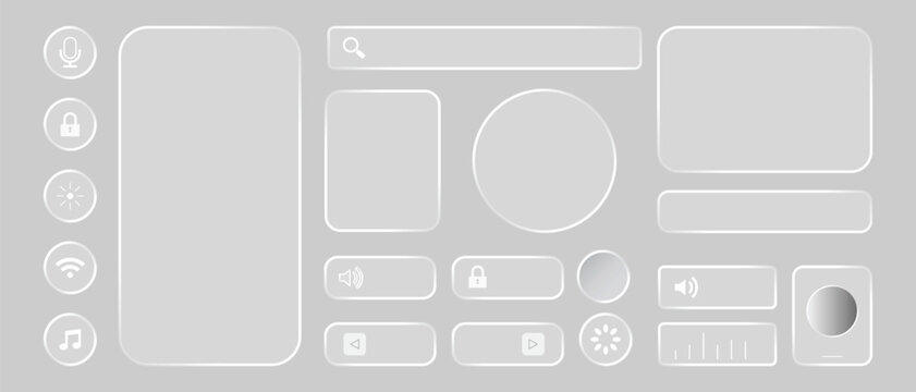 Liquid Glass UI Elements Set with Transparent Glossy Buttons and Panels Vector Illustration