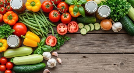 Fresh assorted vegetables with jars on rustic wooden table
