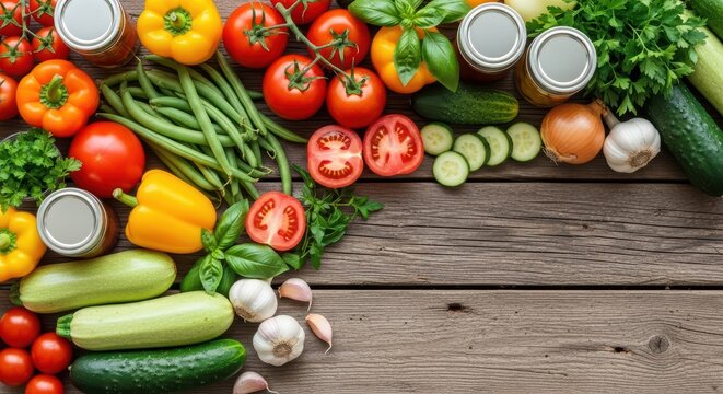 Fresh assorted vegetables with jars on rustic wooden table