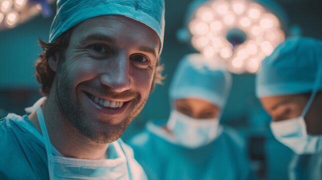 A male surgeon in blue scrubs looks intently toward the camera while a group of surgeons examines a patient undergoing surgery. The dedicated surgeons are focused on their critical - Powered by Adobe