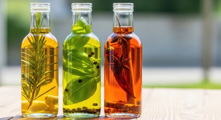 Colorful infused olive oils with herbs and spices in glass bottles on wooden table