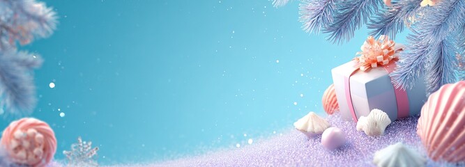 Festive Winter Gift Box With Pastel Decorations and Snowy Branches